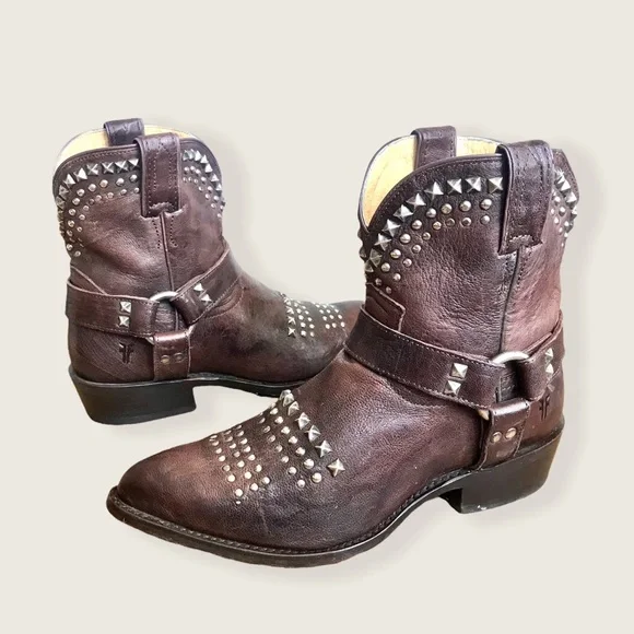 Frye Billy Biker Studded Brown Leather Harness Vintage Festival Moto Ankle Boots - Picture 2 of 9